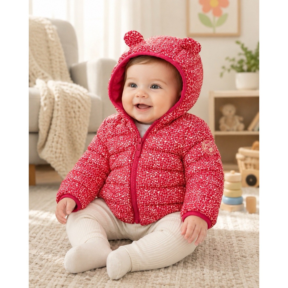 BabyGap Baby Girls 0-6 Months Floral Puffer Jacket Bear Ear Hood Pink Winter